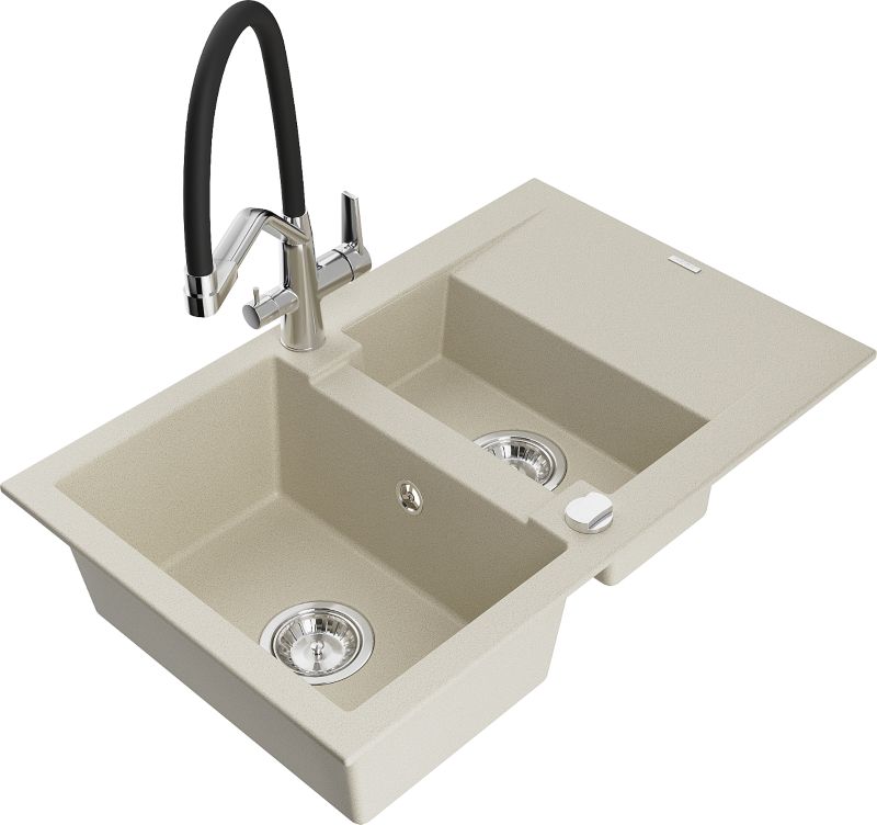 Zlewozmywak granitowy Mexen Gaspar 1,5-komorowy z ociekaczem i baterią kuchenną Duo beżowy 6507-69-671701-07