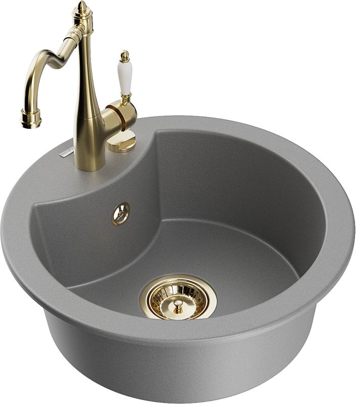 Zlewozmywak granitowy Mexen Diego 1-komorowy z baterią kuchenną Carla szary 6512-71-670700-50