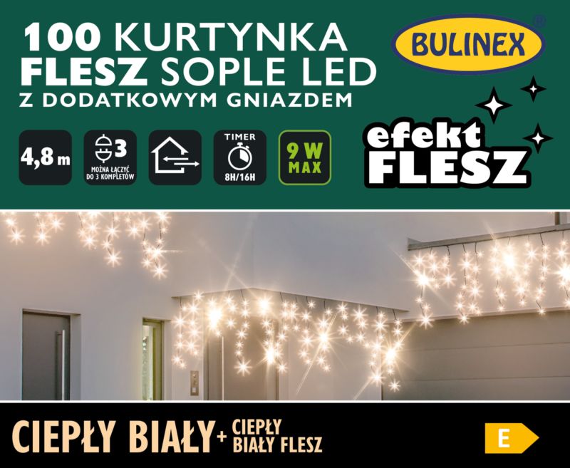 Kurtyna LED Bulinex 100L 4,8 m flesz z dodatkowym gniazdem barwa ciepła biała