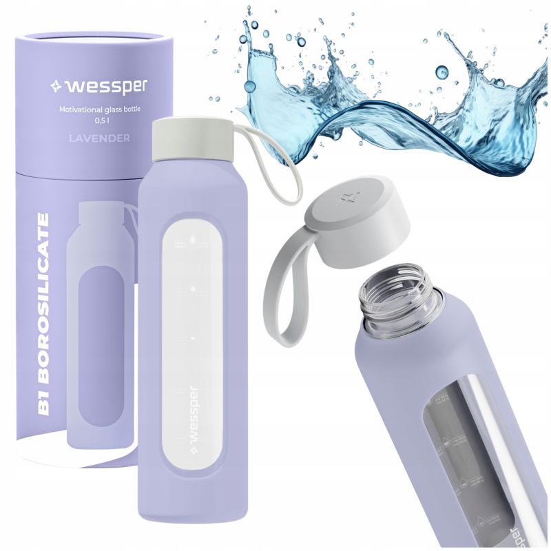Butelka na wodę, Wessper B1, motywacyjna, z miarką, z etui, szkło borokrzemowe, bidon, 500ml, lawendowa, 1szt