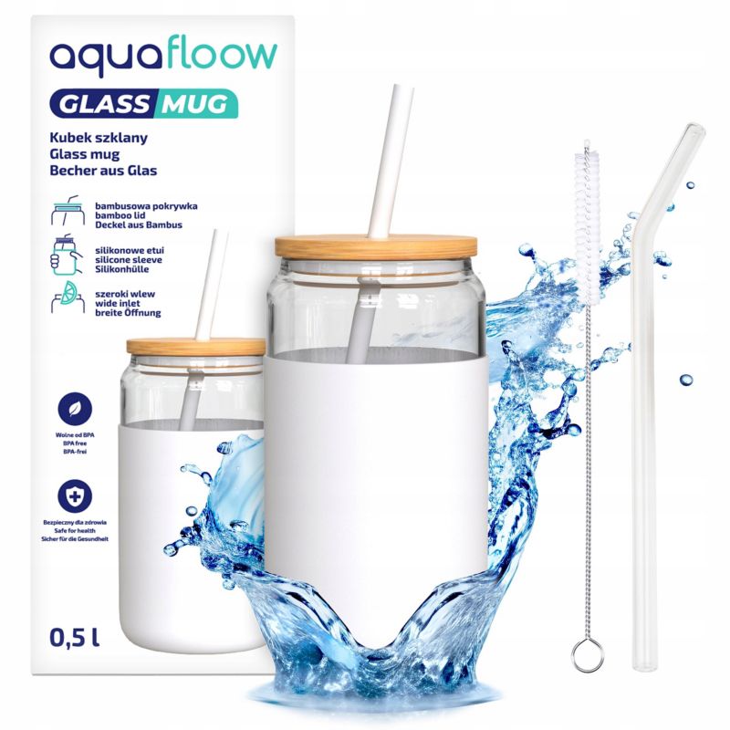 Kubek na napoje, Aquafloow, 500ml, z etui, pokrywką, 2 słomkami, czyścikiem, biały, zestaw 5szt