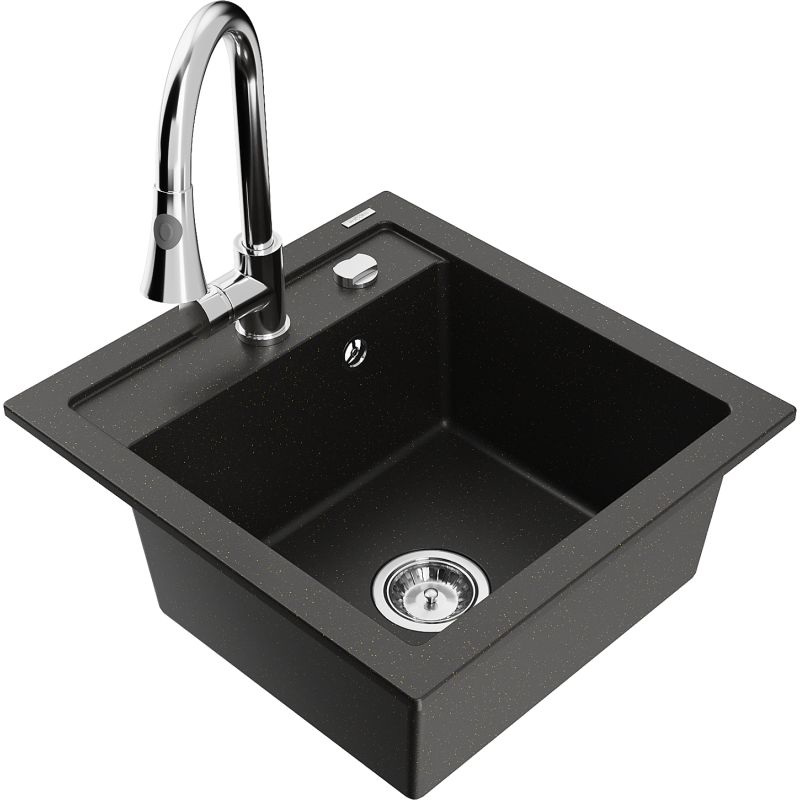 Zlewozmywak granitowy 1-komorowy Mexen Vito z baterią kuchenną Elia czarny/złoty metalik 6503-75-670101-00