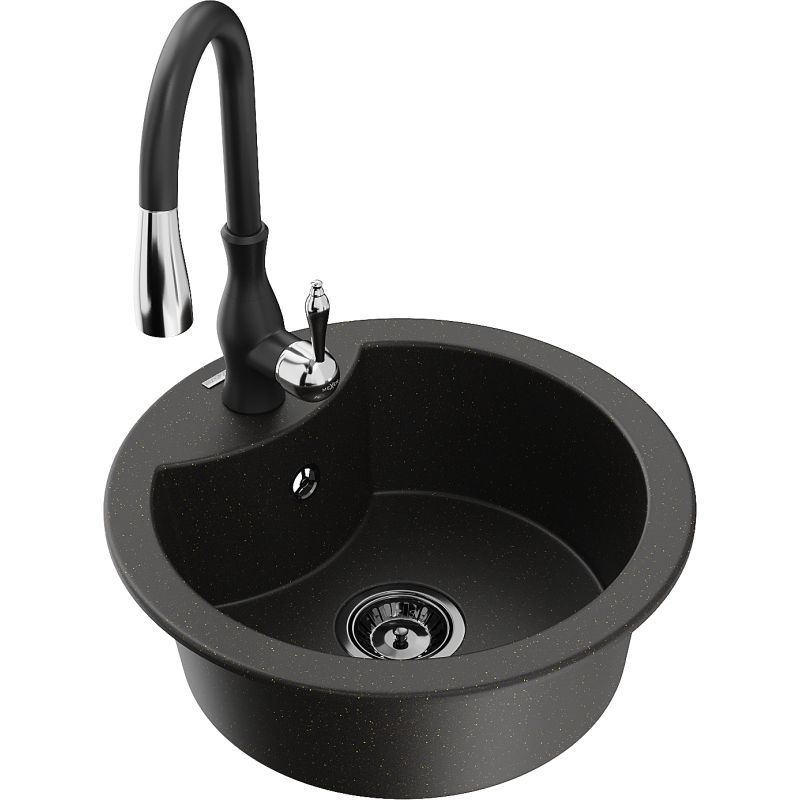 Zlewozmywak granitowy 1-komorowy Mexen Diego z baterią kuchenną Savita czarny/złoty metalik 6512-75-672601-70-B