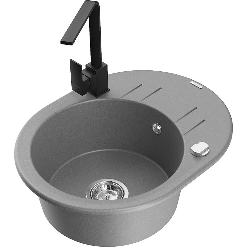 Zlewozmywak granitowy 1-komorowy Mexen Kevin z ociekaczem i baterią kuchenną Rita szary - 6517-71-670300-70-B 1 szt.