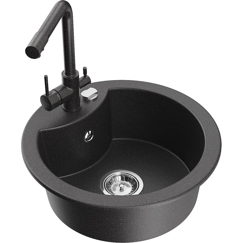 Zlewozmywak granitowy 1-komorowy Mexen Diego z baterią kuchenną Duero czarny nakrapiany - 6512-76-671600-70 1 szt.