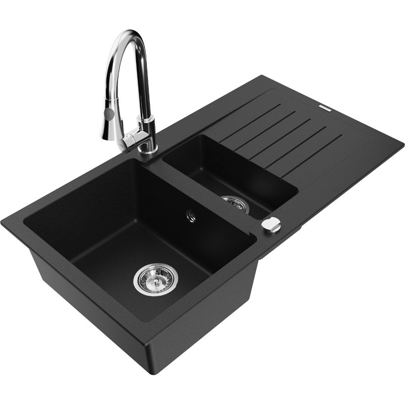 Zlewozmywak granitowy 1.5-komorowy Mexen Matias z ociekaczem i baterią kuchenną Elia czarny - 6502-77-670101-50-B 1 szt.