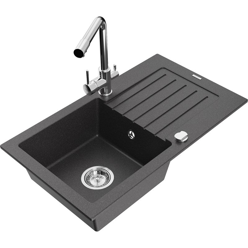 Zlewozmywak granitowy 1-komorowy Mexen Pablo z ociekaczem i baterią kuchenną Duero czarny nakrapiany 6510-76-671600-00