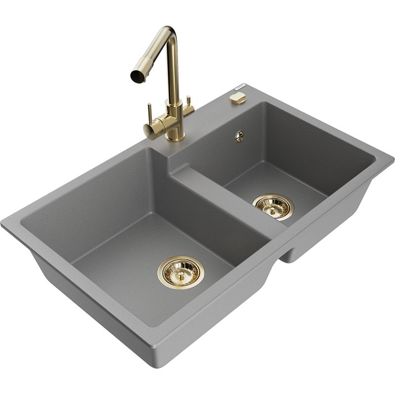 Zlewozmywak granitowy 2-komorowy Mexen Tomas z baterią kuchenną Duero szary - 6516-71-671600-70 1 szt.