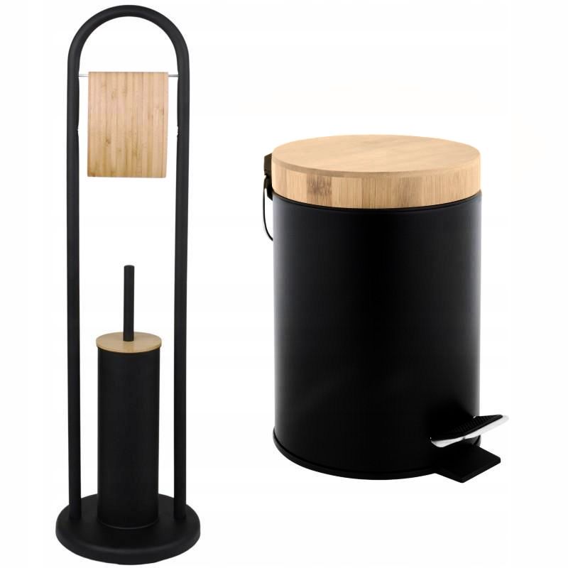Zestaw łazienkowy Yoka Home kosz na śmieci stojak na szczotkę do WC i uchwyt na papier toaletowy bambusowo czarny - 1 szt.