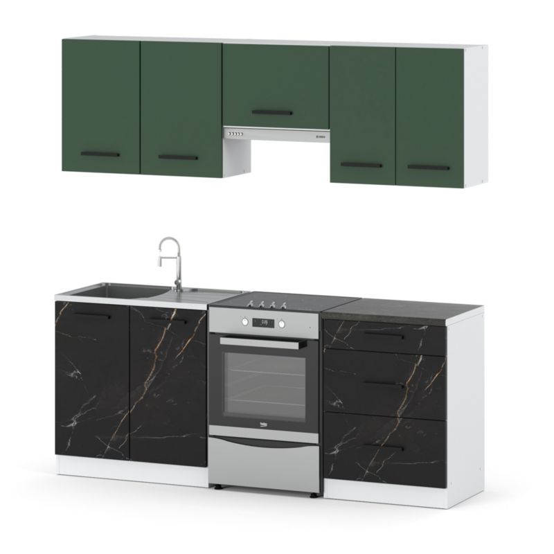 Zestaw Kuchenny Hurtownia-Mebli Z Blatem Kuchnia Mini Mokka Plus 200cm Biały Mat Butelkowa Zieleń/San Sebastian 200x47x145 cm 1s
