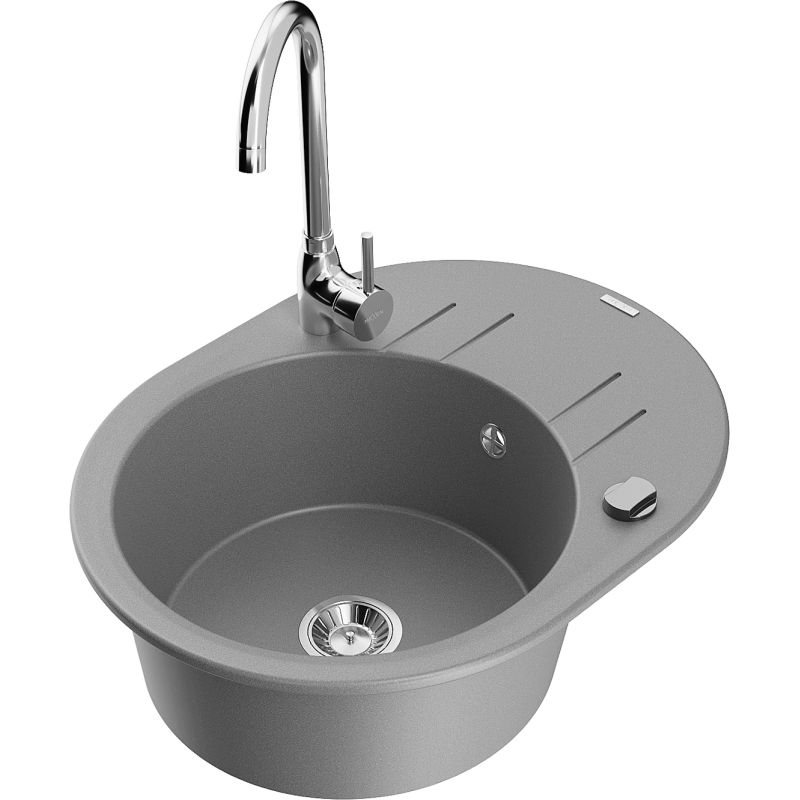 Zlewozmywak granitowy 1-komorowy Mexen Kevin z ociekaczem i baterią kuchenną Telma szary 6517-71-670200-00