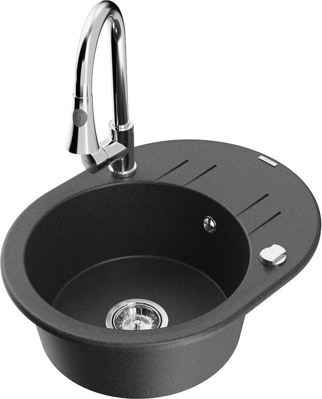 Zlewozmywak granitowy Mexen Kevin 1-komorowy z ociekaczem i baterią kuchenną Elia czarny 6517-76-670101-00
