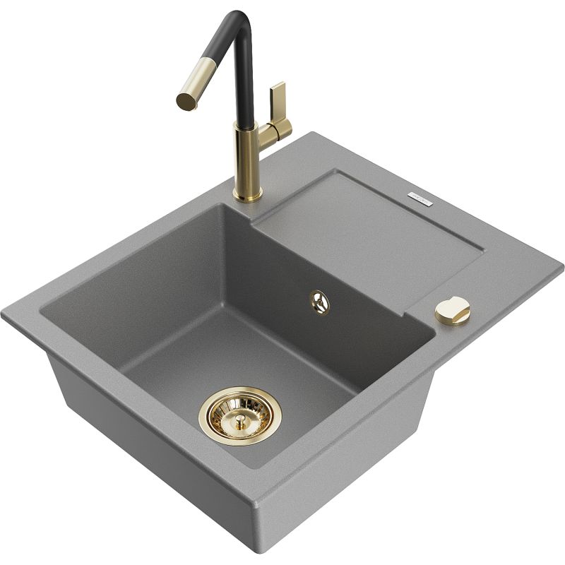 Zlewozmywak granitowy 1-komorowy Mexen Enzo z ociekaczem i baterią kuchenną Flora szary 6506-71-670401-57-G