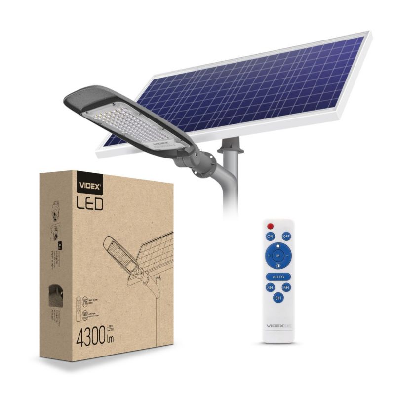 Lampa uliczna solarna Videx Slso szara LED 5000K 4300lm Pilot IP65 wym: 56,5 x 18,9 x 9,5 cm - 1 szt.