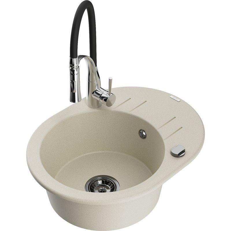 Zlewozmywak granitowy 1-komorowy Mexen Kevin z ociekaczem i baterią kuchenną Aster beżowy 6517-69-73450-07-B