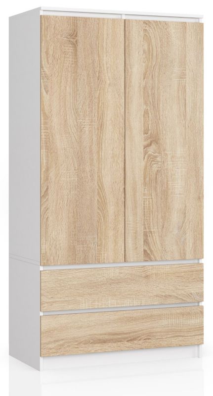 Szafa Akord S90 Biała 90 cm 2 drzwi 2 szuflady kolor Dąb Sonoma mat 4 półki 90x51x180 cm 1 szt.