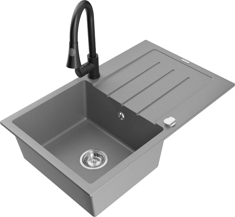 Zlewozmywak granitowy Mexen Bruno 1-komorowy z ociekaczem i baterią kuchenną Elia szary 6513-71-670101-70
