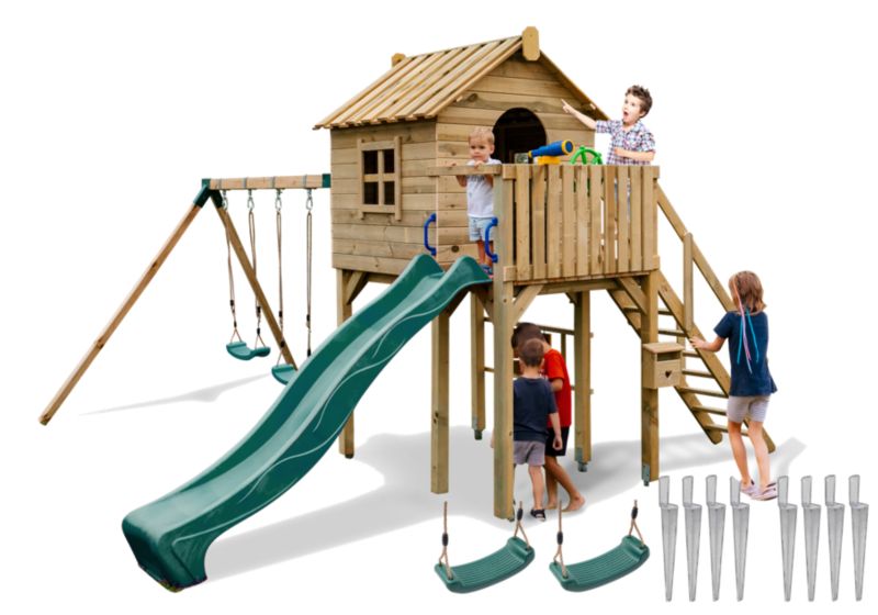 Plac zabaw dla dzieci Meblogród Przytulny Domek zielona zjeżdżalnia i huśtawki, domek z tarasem, 1kpl