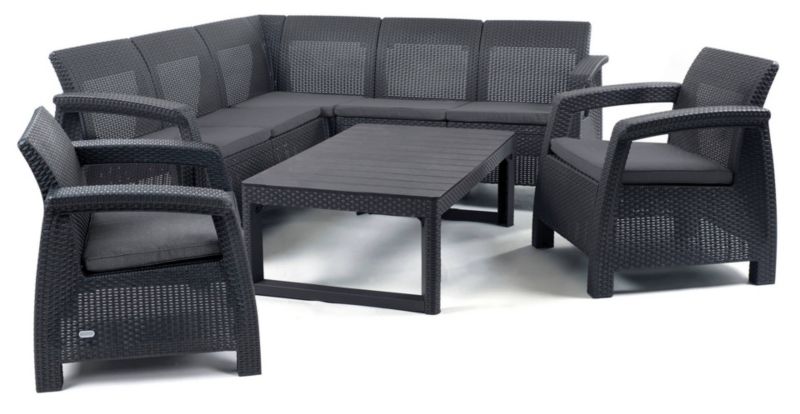 Zestaw Mebli Ogrodowych Keter Corfu Relax Duo Lyon Narożnik + 2 Fotele + Ławostół dla 6 osób Grafitowy 1 kpl.