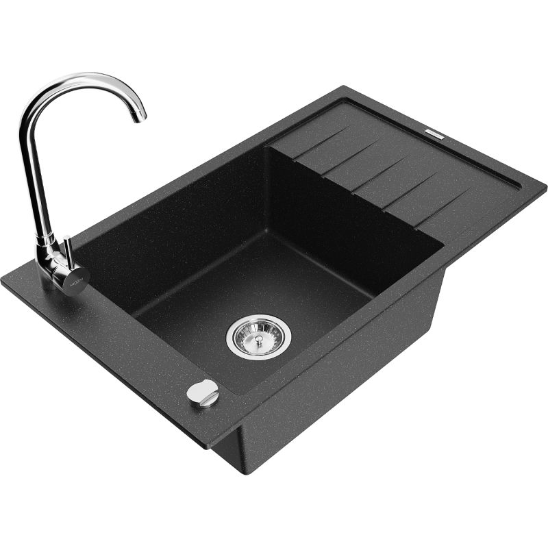 Zlewozmywak granitowy 1-komorowy Mexen Elias z ociekaczem i baterią kuchenną Telma czarny/srebrny 6511-73-670200-00
