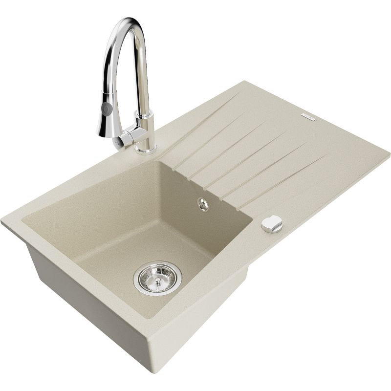 Zlewozmywak granitowy 1-komorowy Mexen Cesar z ociekaczem i baterią kuchenną Elia beżowy 6514-69-670101-00