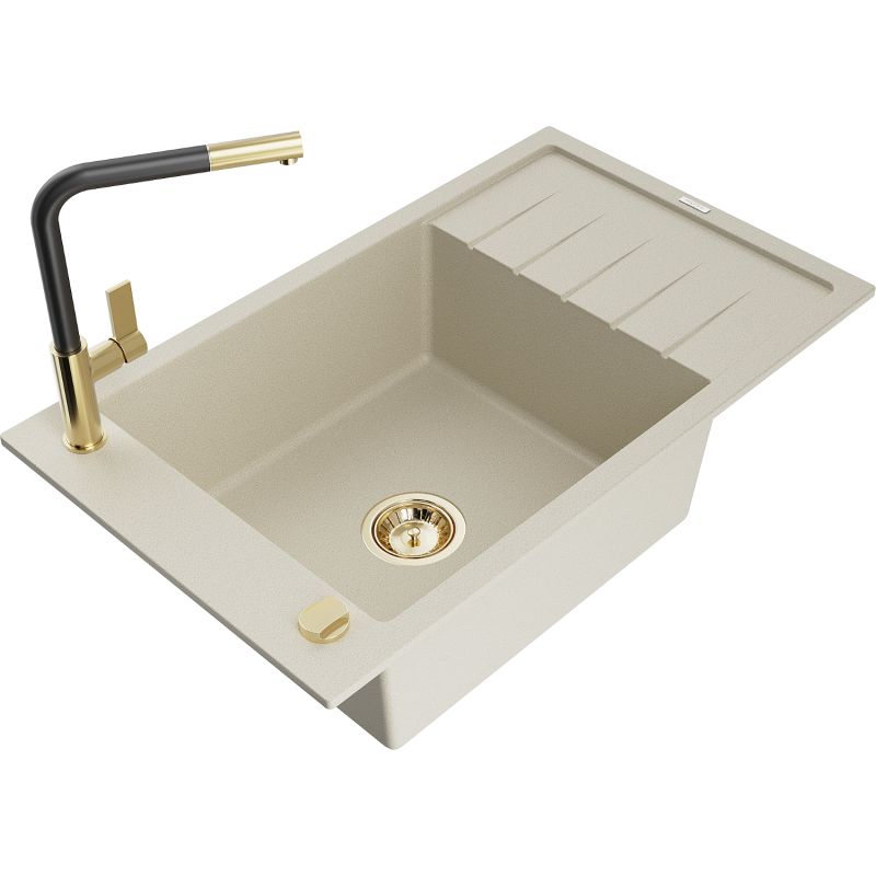 Zlewozmywak granitowy 1-komorowy Mexen Elias z ociekaczem i baterią kuchenną Flora beżowy - 6511-69-670401-70-B 1 szt.