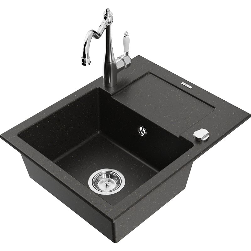 Zlewozmywak granitowy 1-komorowy Mexen Enzo z ociekaczem i baterią kuchenną Carla czarny/złoty metalik 6506-75-670700-00