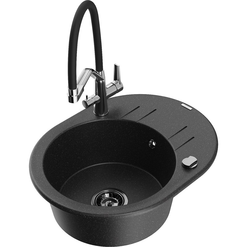 Zlewozmywak granitowy 1-komorowy Mexen Kevin z baterią kuchenną Duo czarny/srebrny metalik - 6517-73-671701-70-B 1 szt.