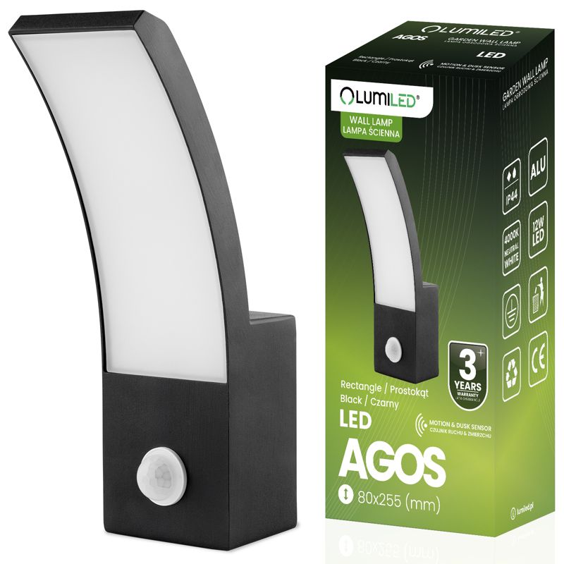 Lampa Ogrodowa Lumiled Zewnętrzna Kinkiet Elewacyjny LED 12W 4000K z Czujnikiem Ruchu 1 szt.