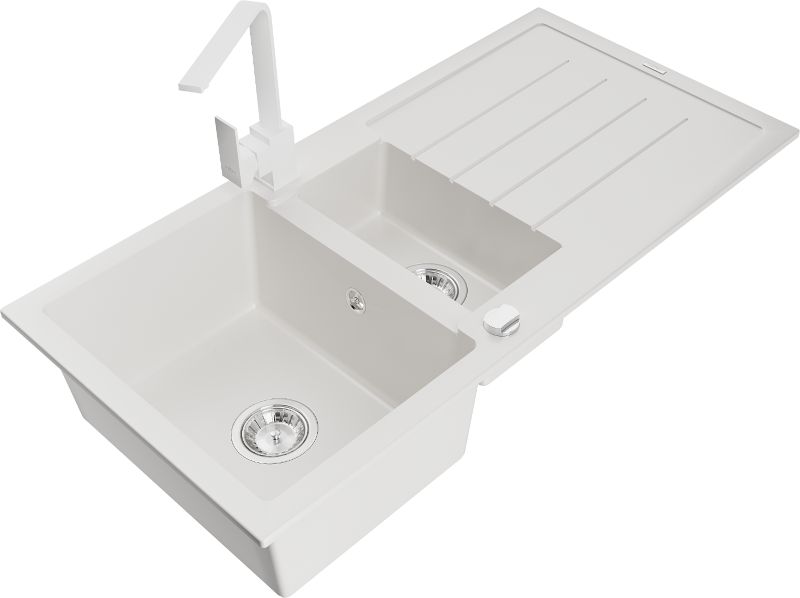 Zlewozmywak granitowy Mexen Andres 1,5-komorowy z ociekaczem i baterią kuchenną Rita biały 6515-20-670300-20