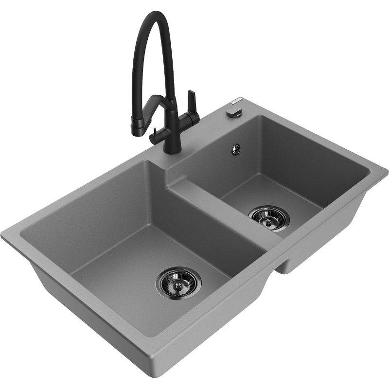 Zlewozmywak granitowy 2-komorowy Mexen Tomas z baterią kuchenną Duo szary - 6516-71-671701-07 1 szt.