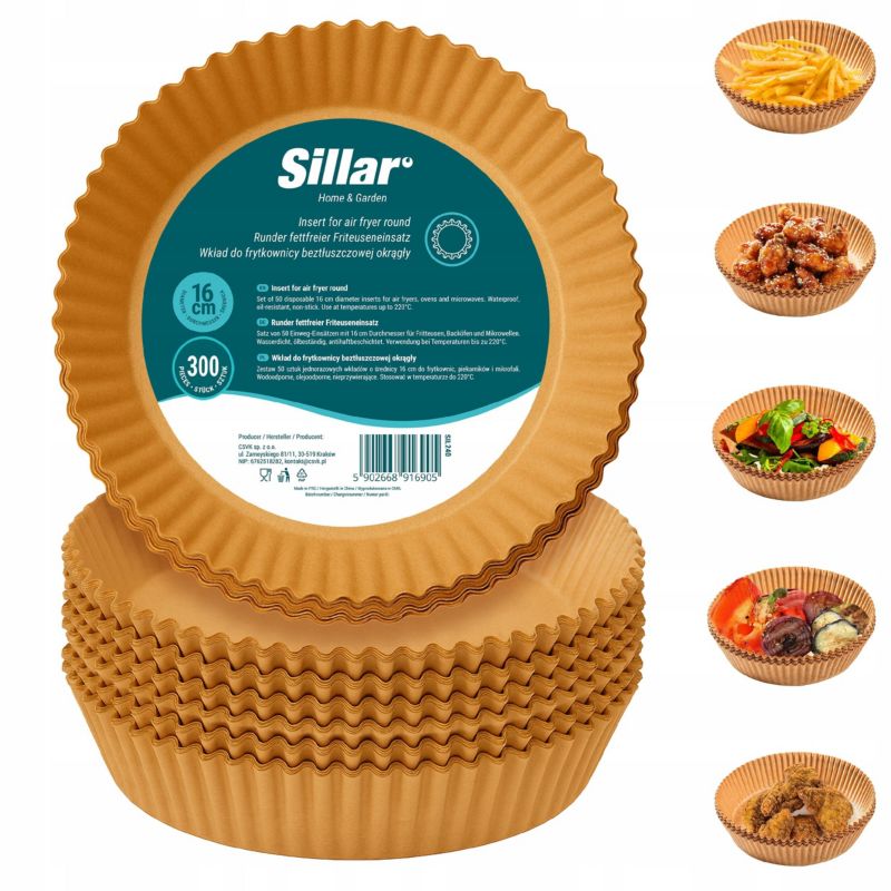 Papier do pieczenia, Sillar, do Air Fryer, frytkownicy, piekarnika, wkład, nieprzywierający, 16x16cm, okrągły, 300szt