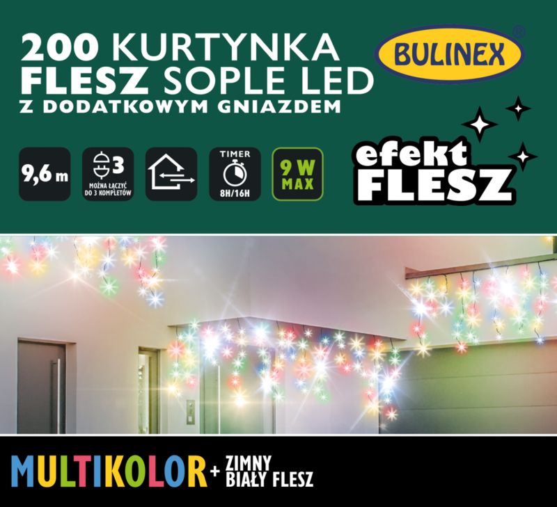 Kurtyna 200 LED Bulinex 9,6 m sople z dodatkowym gniazdem multikolor / zimny biały flesz