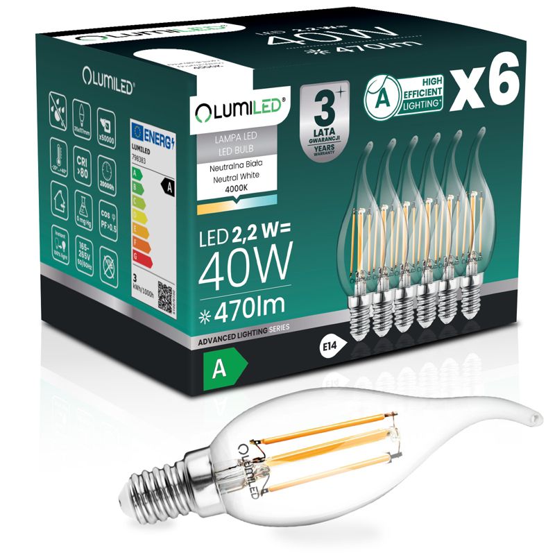 Żarówka LED Lumiled E14 Świeczka BA35 2,2W 470lm 4000K 360st Filament Klasa A 6 szt.