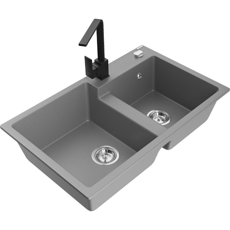 Zlewozmywak granitowy 2-komorowy Mexen Tomas z baterią kuchenną Savita beżowy - 6516-69-672601-00 1 szt.