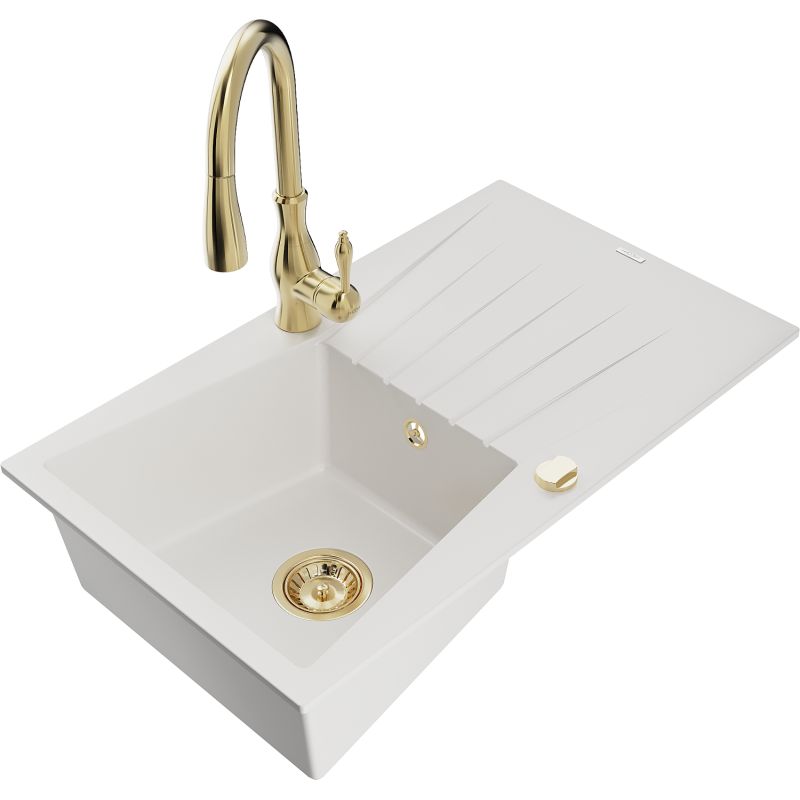 Zlewozmywak granitowy 1-komorowy Mexen Cesar z ociekaczem i baterią kuchenną Savita biały 6514-20-672601-50