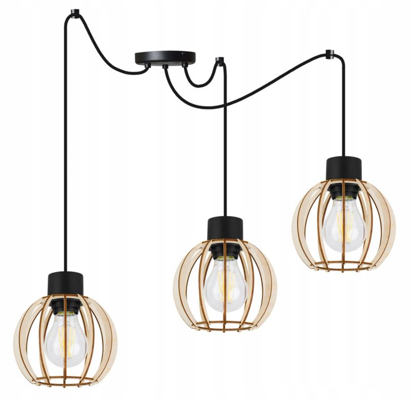 Lampa sufitowe wisząca Light Home LH Timber Spider 3x E27 60W klosz drewno kula 16cm czarny 1szt.