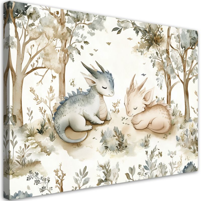 Obraz do pokoju dziecka Feeby Śpiące Smoki Zwierzęta w lesie beżowy 90x60cm 1szt