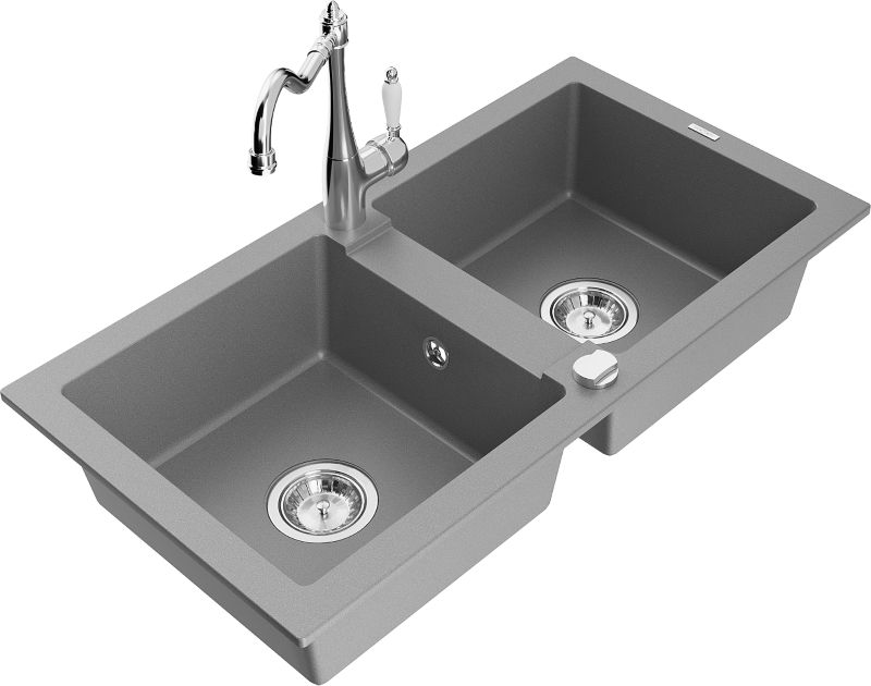 Zlewozmywak granitowy Mexen Mario 2-komorowy z baterią kuchenną Carla szary 6504-71-670700-00