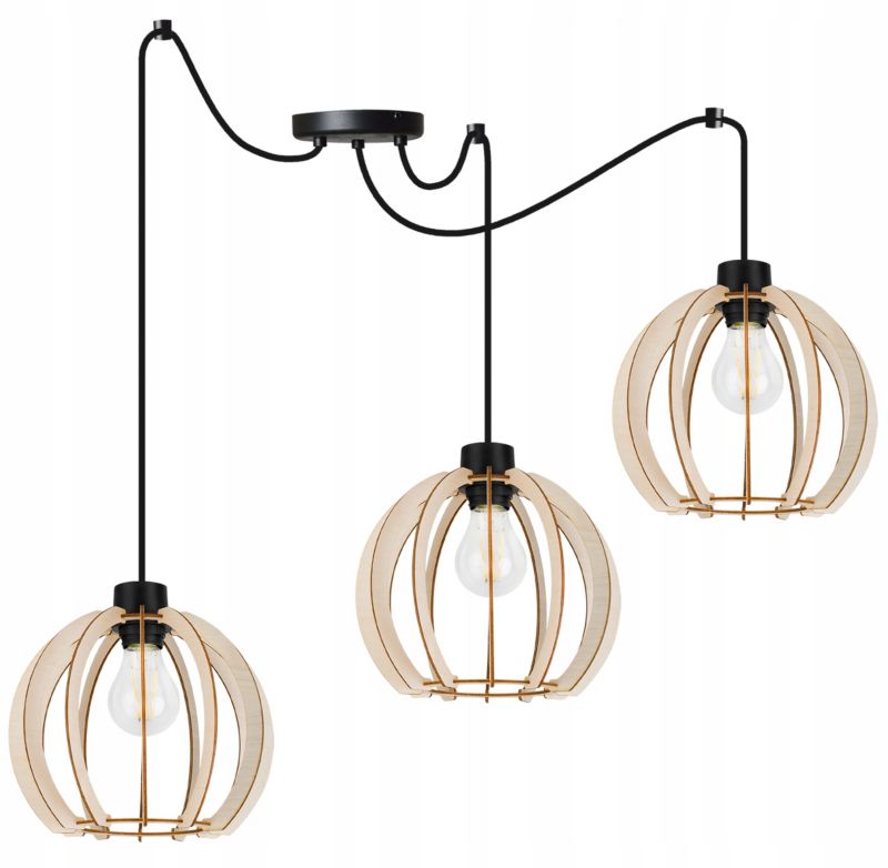 Lampa sufitowe wisząca Light Home LH Timber Spider 3x E27 60W klosz drewno kula 23cm czarny 1szt.
