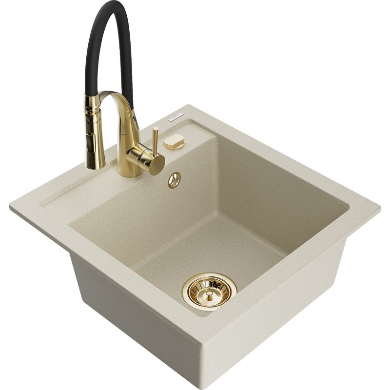 Zlewozmywak granitowy 1-komorowy Mexen Vito z baterią kuchenną Aster beżowy 6503-69-73450-57-G