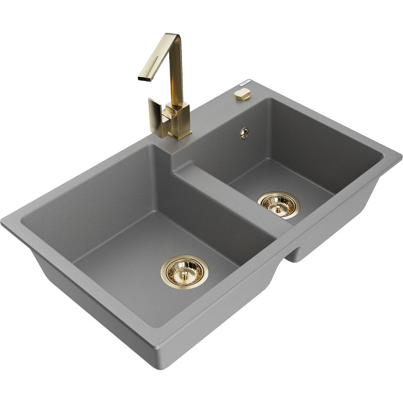 Zlewozmywak granitowy 2-komorowy Mexen Tomas z baterią kuchenną Rita szary - 6516-71-670300-00 1 szt.