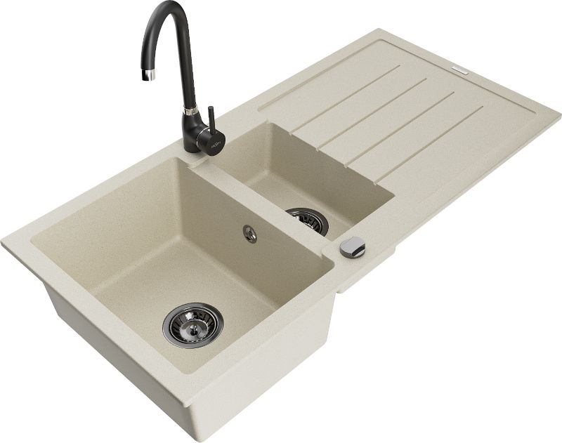 Zlewozmywak granitowy Mexen Andres 1,5-komorowy z ociekaczem i baterią kuchenną Telma beżowy 6515-69-670200-70