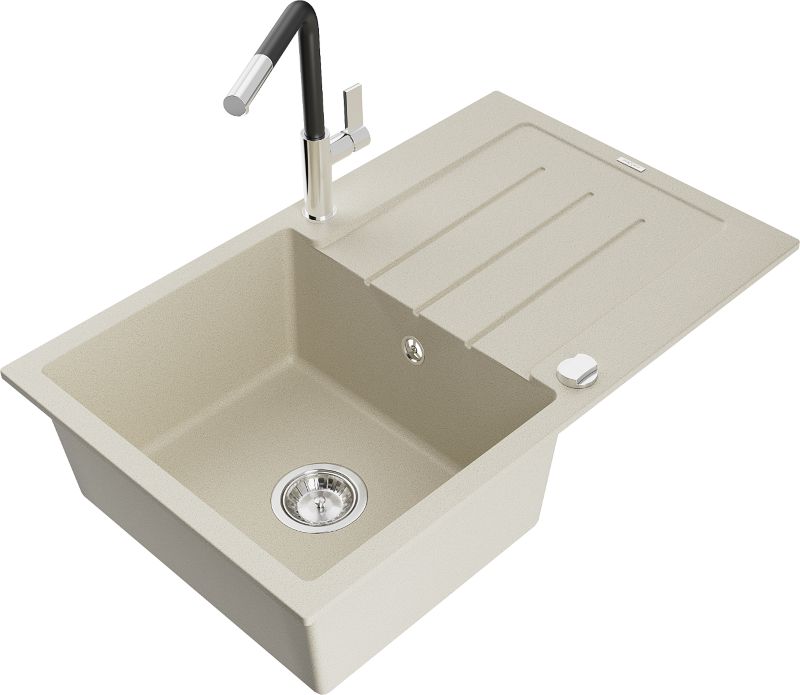 Zlewozmywak granitowy Mexen Bruno 1-komorowy z ociekaczem i baterią kuchenną Rita beżowy - 6513-69-670300-70 1 szt.