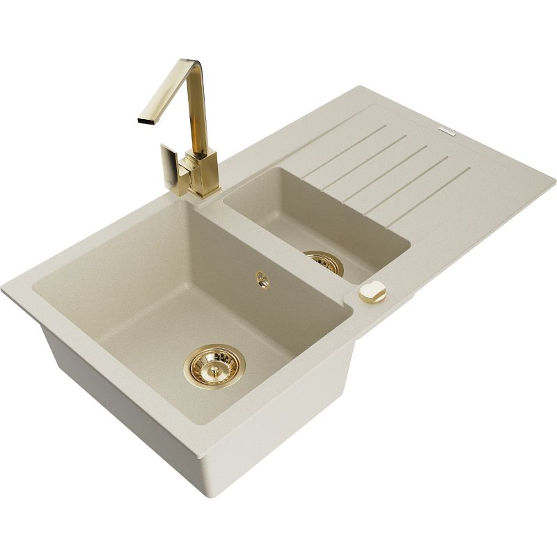 Zlewozmywak granitowy 1.5-komorowy Mexen Matias z ociekaczem i baterią kuchenną Rita biały - 6502-20-670300-70 1 szt.