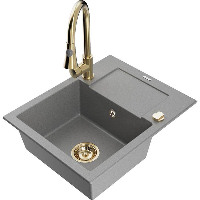 Zlewozmywak granitowy 1-komorowy Mexen Enzo z ociekaczem i baterią kuchenną Elia szary 6506-71-670101-50