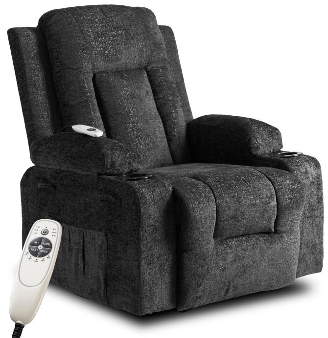 Fotel Mebel Elite BOX Masujący Rozkładany Wypoczynkowy z Podnóżkiem Czarny Welurowy 1 szt