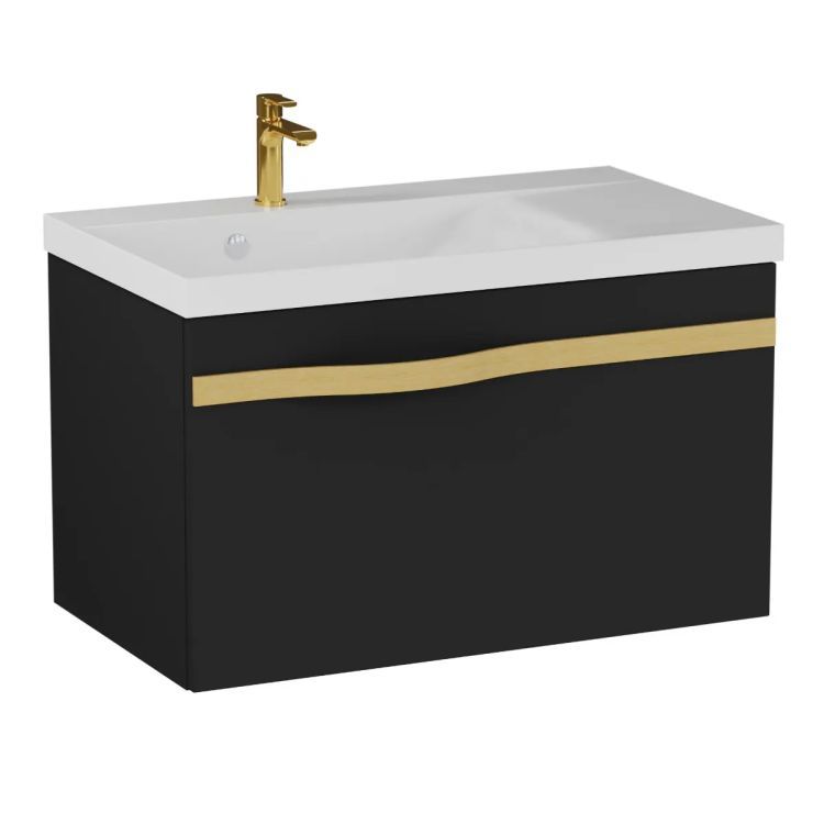 Szafka pod umywalkę KROFAM VOG 69 cm czarny mat ze złotym uchwytem bez umywalki 1 szt