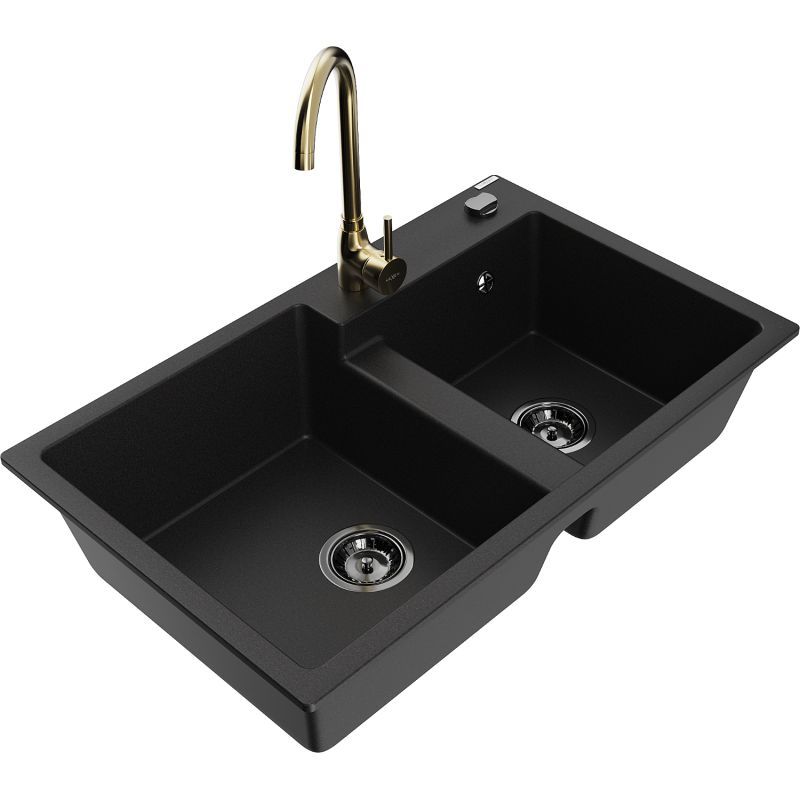 Zlewozmywak granitowy 2-komorowy Mexen Tomas z baterią kuchenną Telma czarny 6516-77-670200-50-B