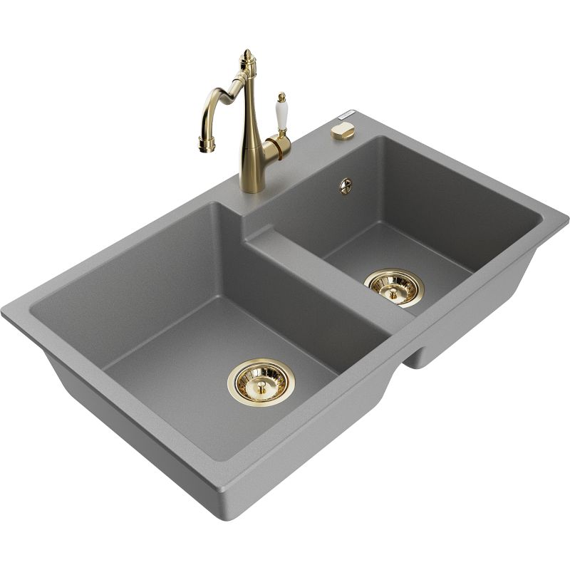 Zlewozmywak granitowy 2-komorowy Mexen Tomas z baterią kuchenną Carla szary - 6516-71-670700-70 1 szt.